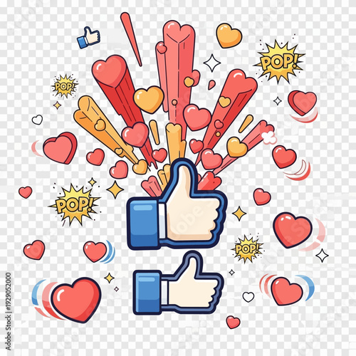 Excitedly celebrating with a burst of positive feedback and social media likes, hearts, and 'pop' speech bubbles