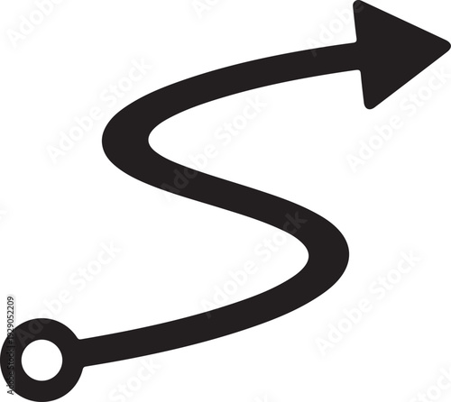 Curved arrow path from circle dot pointing right, directional line with arrowhead