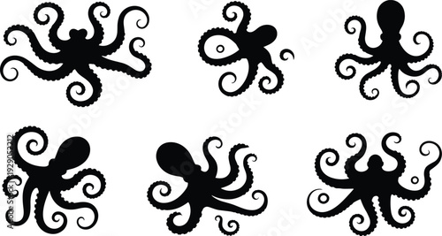 Octopus silhouette set, sea animal icons, marine life design, black octopus shapes, ocean creature illustration collection, minimal vector style