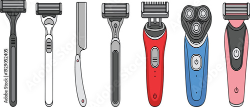 Collection of Manual and Electric Razors Set, Modern Grooming Shaving Tools Vector Illustration Isolated on Light Background