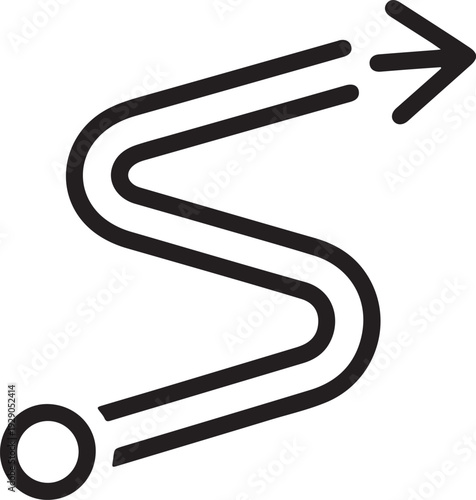 Curved arrow path from circle dot pointing right, directional line with arrowhead