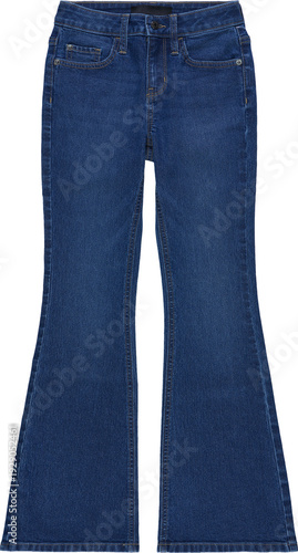 Cuadro en lienzo A pair of dark blue denim jeans with a flared cut and distressed details isolate