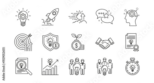 Collection of Business and Startup Icons in Outline Style.