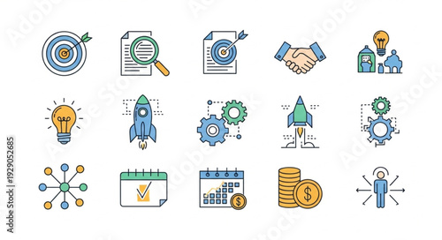 Collection of business and startup icons in a doodle style.