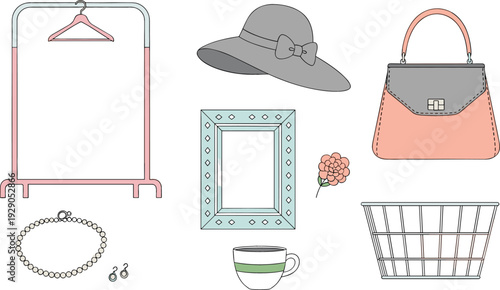 Fashion Accessories and Boutique Display Elements Set with Handbag Hat Jewelry Rack Frame and Basket Vector Illustration