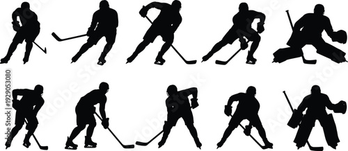 Ice hockey player silhouettes, dynamic sports action, goalie and skaters poses, isolated black figures team gameplay illustration set white background