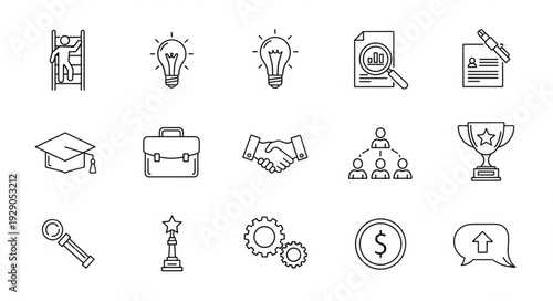 Collection of business and success related icons in sketch style.