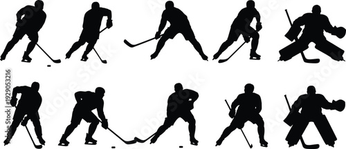 Ice, hockey, player, silhouettes, set, including, skater, actions, goalie, poses, isolated, on, white, background, sports, illustration, collection, dynamic, movement, concept