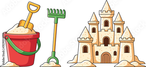 Kids Beach Sandcastle with Bucket Shovel and Rake Summer Vacation Seaside Play Vector Illustration Set