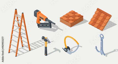Construction Tools and Equipment on White Background.