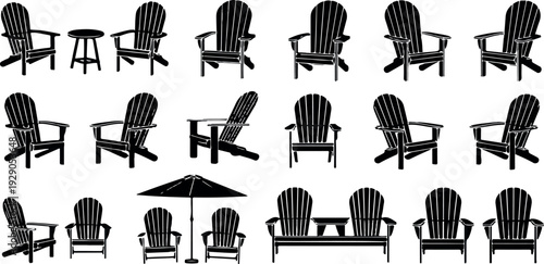 Adirondack Chair Silhouette Collection Outdoor Wooden Patio Seating Summer Relaxation Vector Icon Set