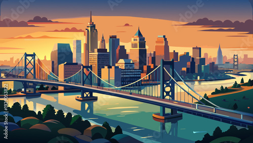 Very beautiful aerial panorama capturing the Ben Franklin Bridge and Philadelphia skyline transitioning from sunset to dusk, with soft twilight hues blending above the Delaware River and illuminated s