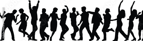 Group of dancing people silhouettes, celebrating party energy, joyful movement crowd, music festival nightlife, teamwork, freedom, youth culture concept background