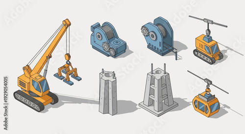 Crane and Heavy Machinery Equipment Set.