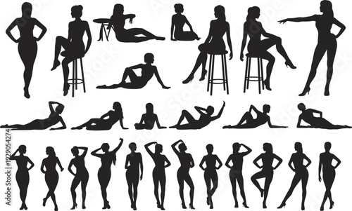 Collection of elegant female silhouettes posing in studio, fashion model body shapes, standing sitting reclining women illustration vector set design