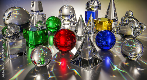 Shiny reflective glass jewels in rainbow colors arranged artistically on green background suitable for luxurious abstract backgrounds and graphics