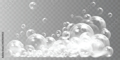Realistic white soap foam with floating air bubbles isolated on transparent background. Vector illustration