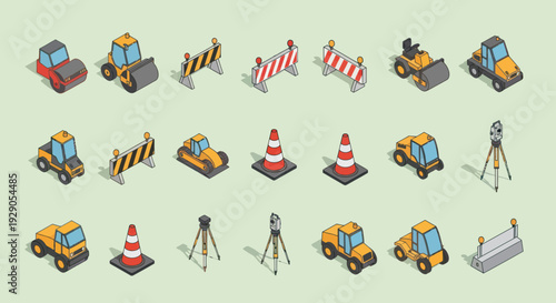 Construction Equipment and Safety Icons Set.