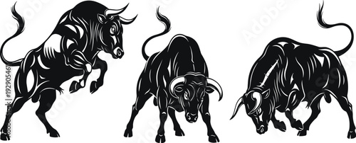 Black and white powerful bull silhouettes set, aggressive charging bulls vector illustration, stylized mascot logos for finance, sports, and strength.