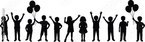 Children silhouettes celebrating together, kids holding balloons, joyful childhood concept, playful group, happiness, freedom, party, innocence, fun, unity