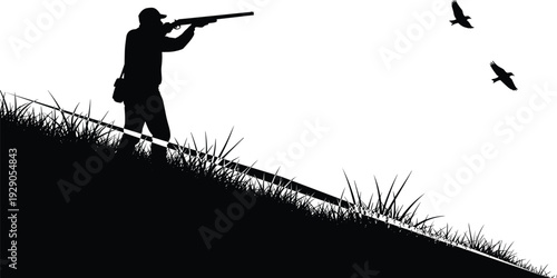 Black and white silhouette of a hunter aiming a shotgun at birds flying over a grassy hill isolated on white.
