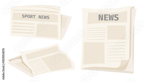Newspaper pile, stack of magazines set. News representing newspapers folded, news publications. Headline banner on the front page represents journalism, news, and print media.