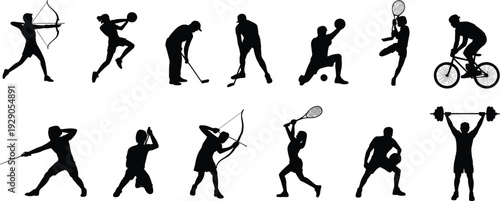 Sports silhouettes set showing athletes playing archery basketball golf hockey tennis cycling weightlifting isolated black action icons