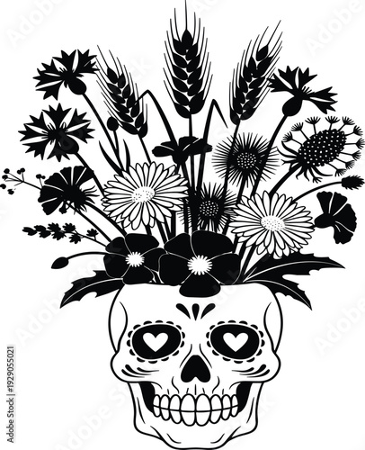 Black and white sugar skull silhouette with a floral bouquet featuring wildflowers and wheat stalks growing from the head isolated.