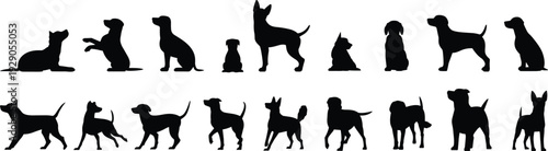 Dog silhouettes, set, various, breeds, poses, black, vector, illustration, isolated, white, background, pet, animal, collection, walking, sitting, standing, puppy, canine