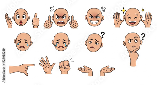 Various cartoon expressions and hand gestures representing different emotions and actions.