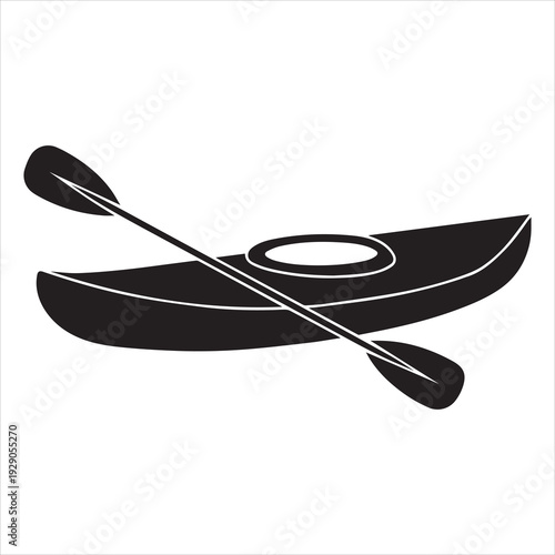 Kayak canoe silhouette illustration, paddle boat icon, water sport equipment, outdoor recreation symbol, black vector design, isolated white background