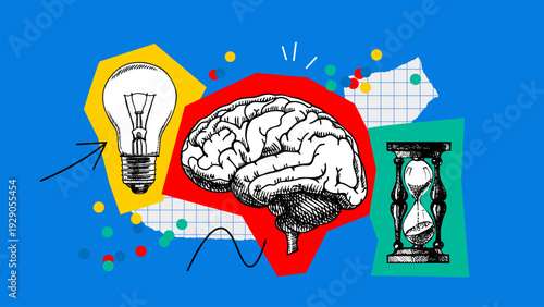Trendy collage of sketch brain, glowing bulb, hourglass and doodles. Education, university, school, psychology, mental health, coaching, e-learning, wellness concept. Hand drawn vector illustration.
