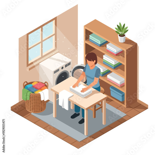 Man folding laundry in a cozy laundry room with a washing machine and storage.