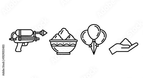 Black and white line art icons of a water gun a bowl of chips balloons with a dart and a hand with chips on it for party and fun concepts