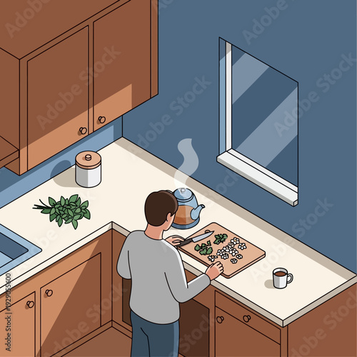 Man preparing a healthy meal in a modern kitchen.
