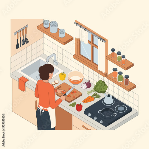 Woman preparing vegetables in a modern kitchen with cooking utensils and ingredients.