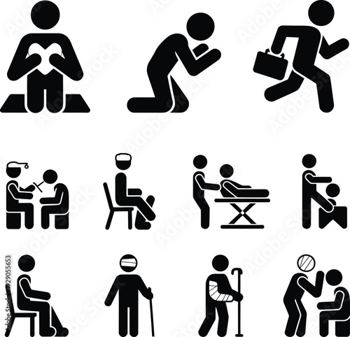 Medical emergency icons depicting various health crisis situations and treatment procedures in simple black and white graphics for universal understanding and communication.