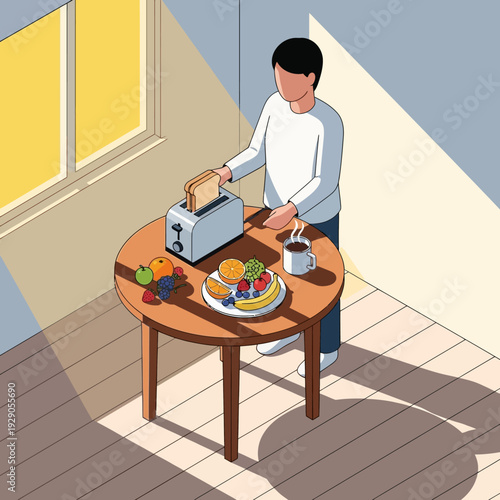 Man preparing breakfast in a cozy dining room with sunlight streaming through the window.
