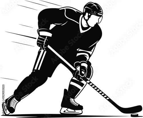 Hockey player in action skating rapidly on ice with stick and puck in dynamic motion graphic illustration