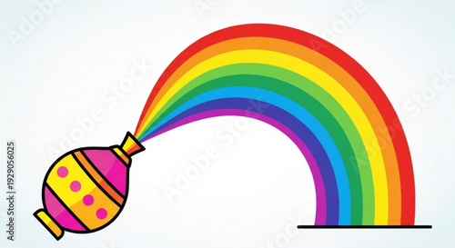 Colorful rainbow sprayed from whimsical bottle with pink and yellow details on white background