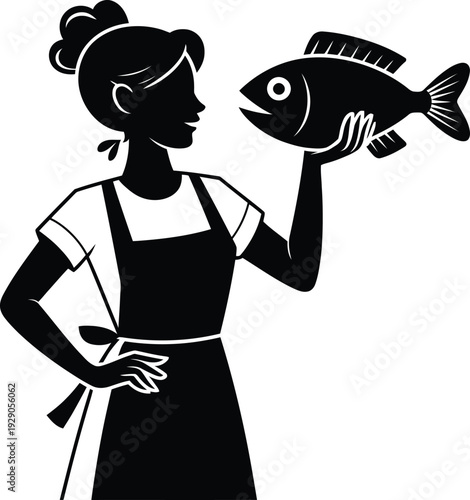 Female chef or fishmonger holding a large fish with confidence and a smile, highlighting the freshness and quality of the seafood product for sale or preparation.
