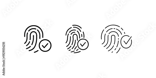 Fingerprint with check mark icon set on white background. Biometric identification line icons. Finger print scan for secure access