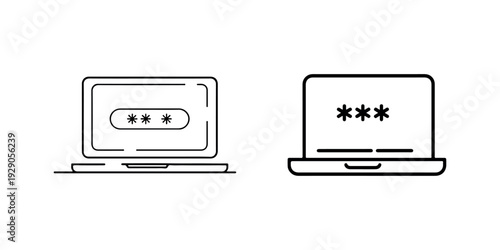 Laptop showing password input field with asterisks. Computer screen with hidden characters for secure login or data entry