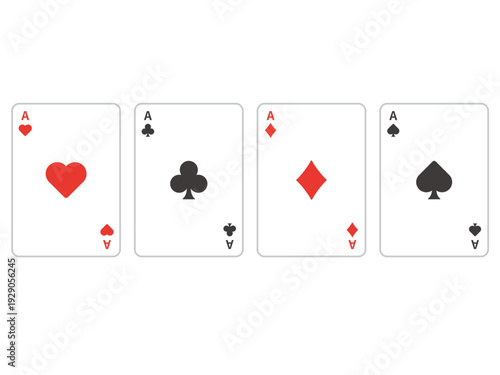 Four Aces Playing Cards Vector Set: Flat Design Icons of Heart, Diamond, Club, and Spade on White Background for Gaming and Magic