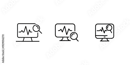 Computer monitor displaying heartbeat line graph with magnifying glass icon representing health data analysis and medical research