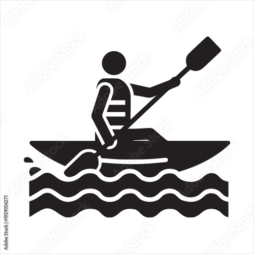 Kayaker paddling icon in canoe silhouette on wavy water, minimalist black pictogram for kayaking sport, outdoor adventure, river rafting sign isolated on white