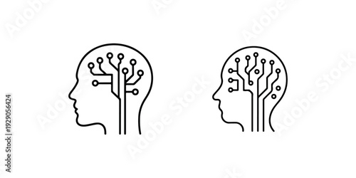 Two line art human head profiles with integrated circuit board patterns, symbolizing artificial intelligence and digital thought processes