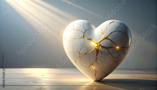 Broken white heart repaired with glowing gold kintsugi style under warm sunlight. A powerful creative concept for emotional healing, hope, mental health, and surviving heartbreak.