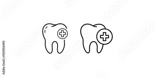 Dental healthcare icon set featuring linear molar tooth symbol with medical cross sign in circle isolated on white background representing oral treatment