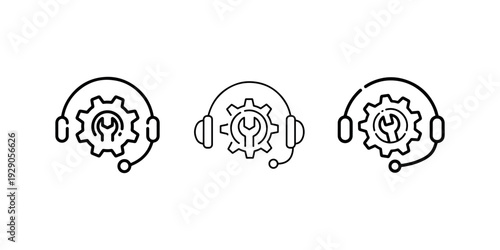 Customer support and technical service icons featuring headset gear and wrench symbols for help center assistance troubleshooting and maintenance solutions